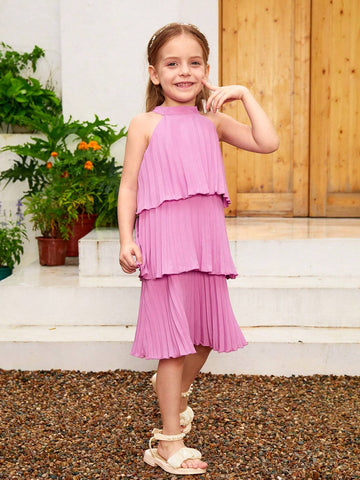 Pleated Open Shoulder Young Girl Dress