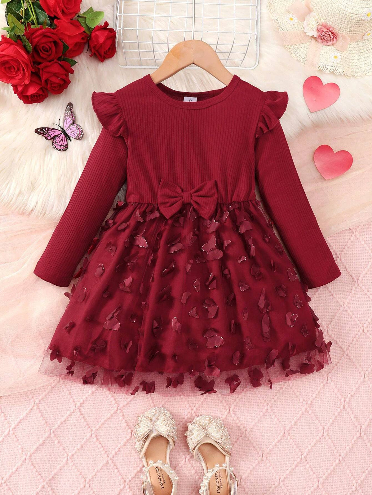 Pleated Ruffle Hem Long Sleeve Tulle Dress, Pink, Comfortable For Girls Outdoor Wear, Spring & Autumn