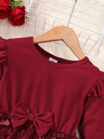Pleated Ruffle Hem Long Sleeve Tulle Dress, Pink, Comfortable For Girls Outdoor Wear, Spring & Autumn