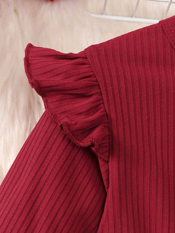 Pleated Ruffle Hem Long Sleeve Tulle Dress, Pink, Comfortable For Girls Outdoor Wear, Spring & Autumn