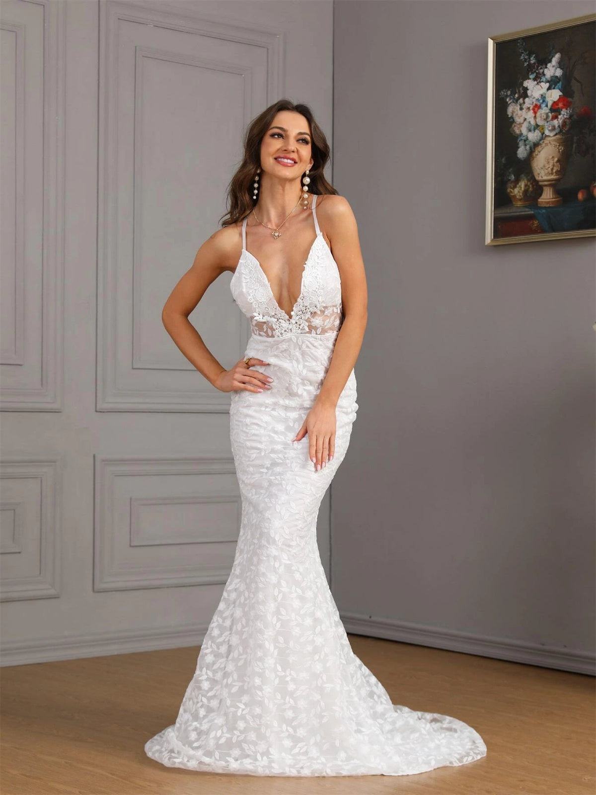 Plunging Neck Backless Lace Cami Wedding Dress