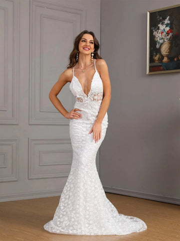 Plunging Neck Backless Lace Cami Wedding Dress