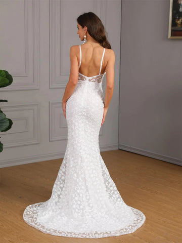 Plunging Neck Backless Lace Cami Wedding Dress