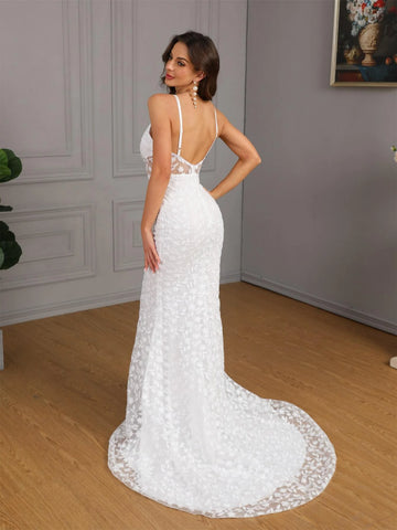 Plunging Neck Backless Lace Cami Wedding Dress