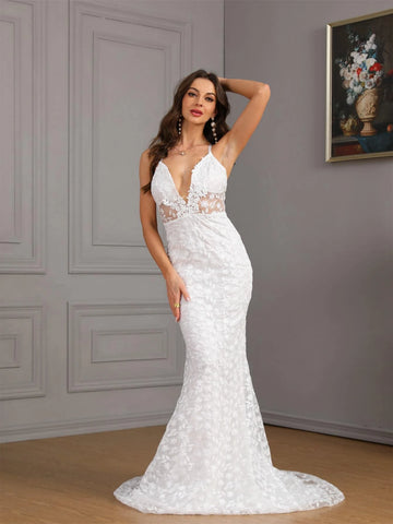 Plunging Neck Backless Lace Cami Wedding Dress