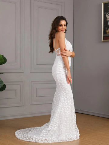 Plunging Neck Backless Lace Cami Wedding Dress