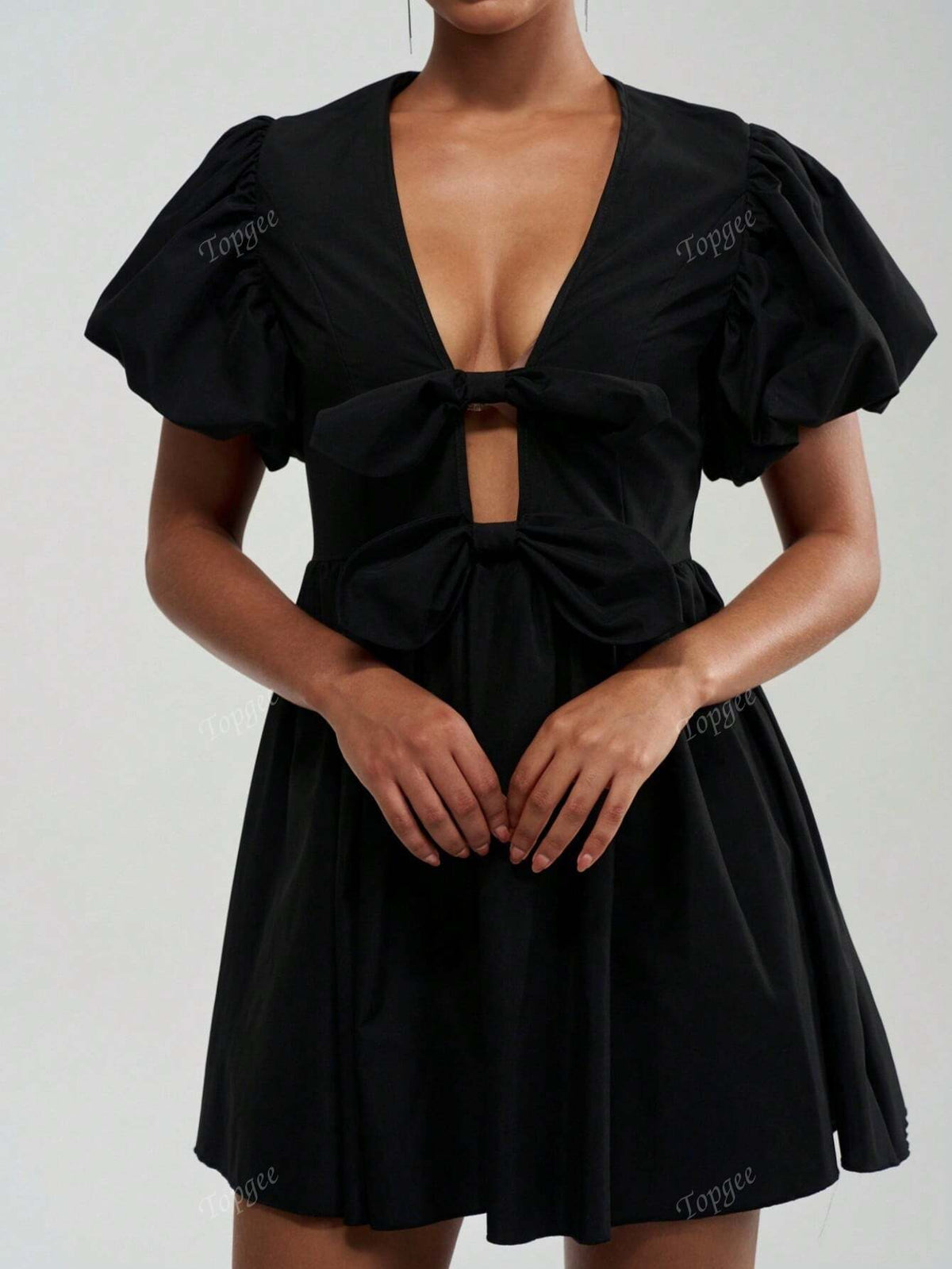 Plunging Neck Bow Front Puff Sleeve Short Dress