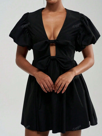 Plunging Neck Bow Front Puff Sleeve Short Dress