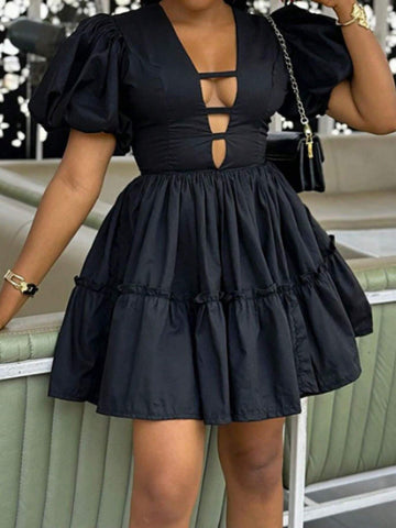 Plunging Neck Bow Front Puff Sleeve Short Dress