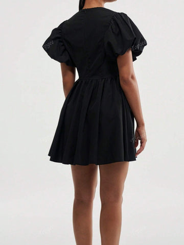 Plunging Neck Bow Front Puff Sleeve Short Dress