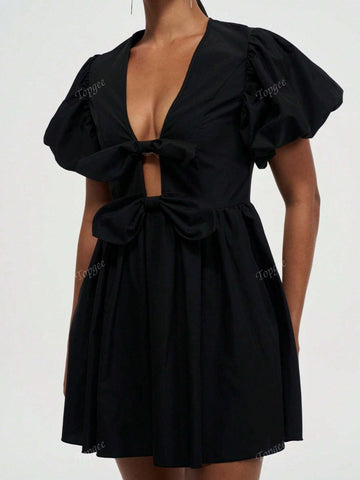 Plunging Neck Bow Front Puff Sleeve Short Dress