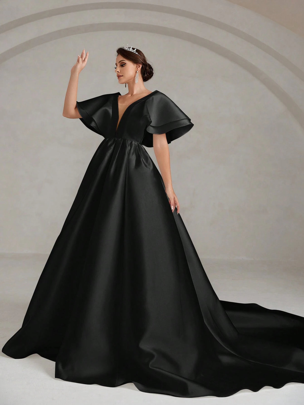 Plunging Neck Butterfly Sleeve Maxi Satin Wedding Dress