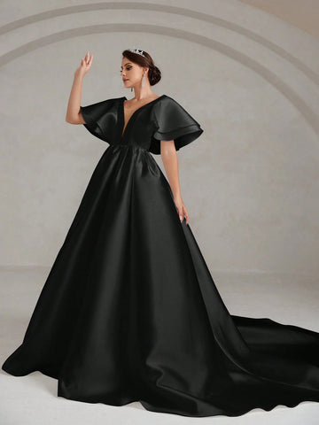 Plunging Neck Butterfly Sleeve Maxi Satin Wedding Dress