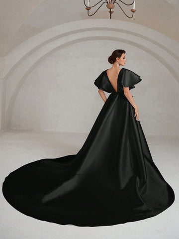 Plunging Neck Butterfly Sleeve Maxi Satin Wedding Dress
