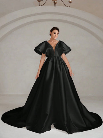 Plunging Neck Butterfly Sleeve Maxi Satin Wedding Dress