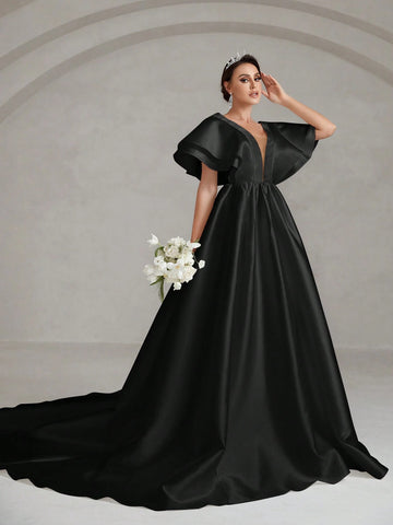 Plunging Neck Butterfly Sleeve Maxi Satin Wedding Dress