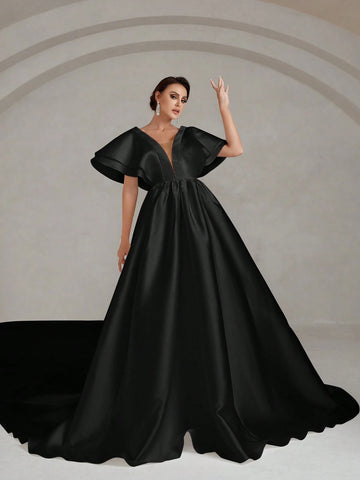 Plunging Neck Butterfly Sleeve Maxi Satin Wedding Dress