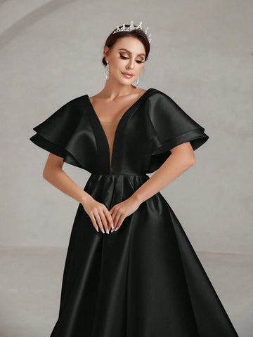 Plunging Neck Butterfly Sleeve Maxi Satin Wedding Dress