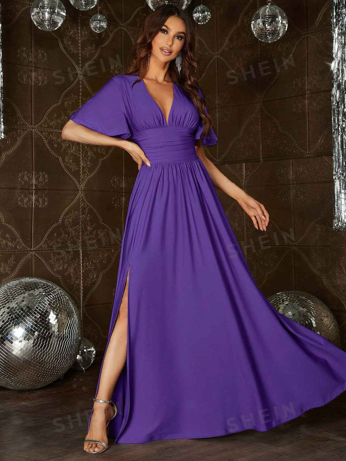 Plunging Neck Butterfly Sleeve Split Thigh Bridesmaid Dress