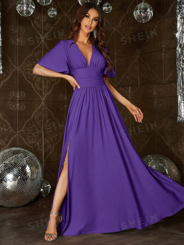 Plunging Neck Butterfly Sleeve Split Thigh Bridesmaid Dress