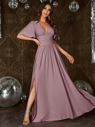 Plunging Neck Butterfly Sleeve Split Thigh Bridesmaid Dress