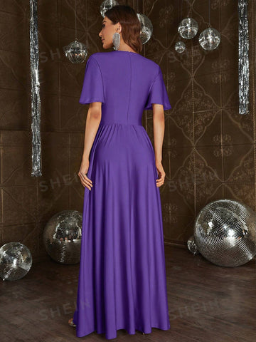 Plunging Neck Butterfly Sleeve Split Thigh Bridesmaid Dress
