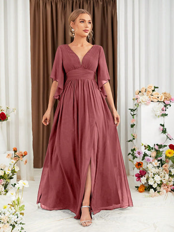 Plunging Neck Butterfly Sleeve Split Thigh Chiffon Bridesmaid Dress
