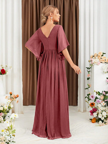 Plunging Neck Butterfly Sleeve Split Thigh Chiffon Bridesmaid Dress