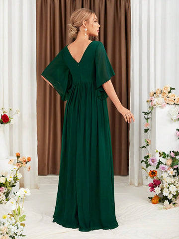 Plunging Neck Butterfly Sleeve Split Thigh Chiffon Bridesmaid Dress
