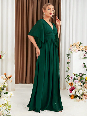 Plunging Neck Butterfly Sleeve Split Thigh Chiffon Bridesmaid Dress