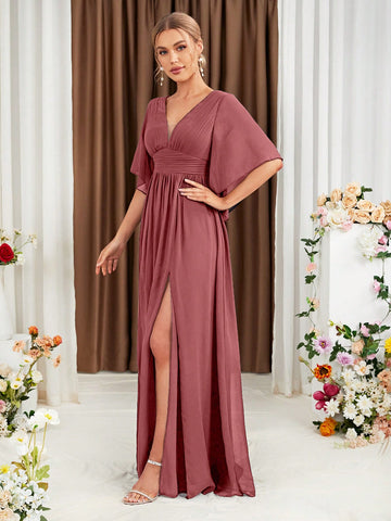 Plunging Neck Butterfly Sleeve Split Thigh Chiffon Bridesmaid Dress