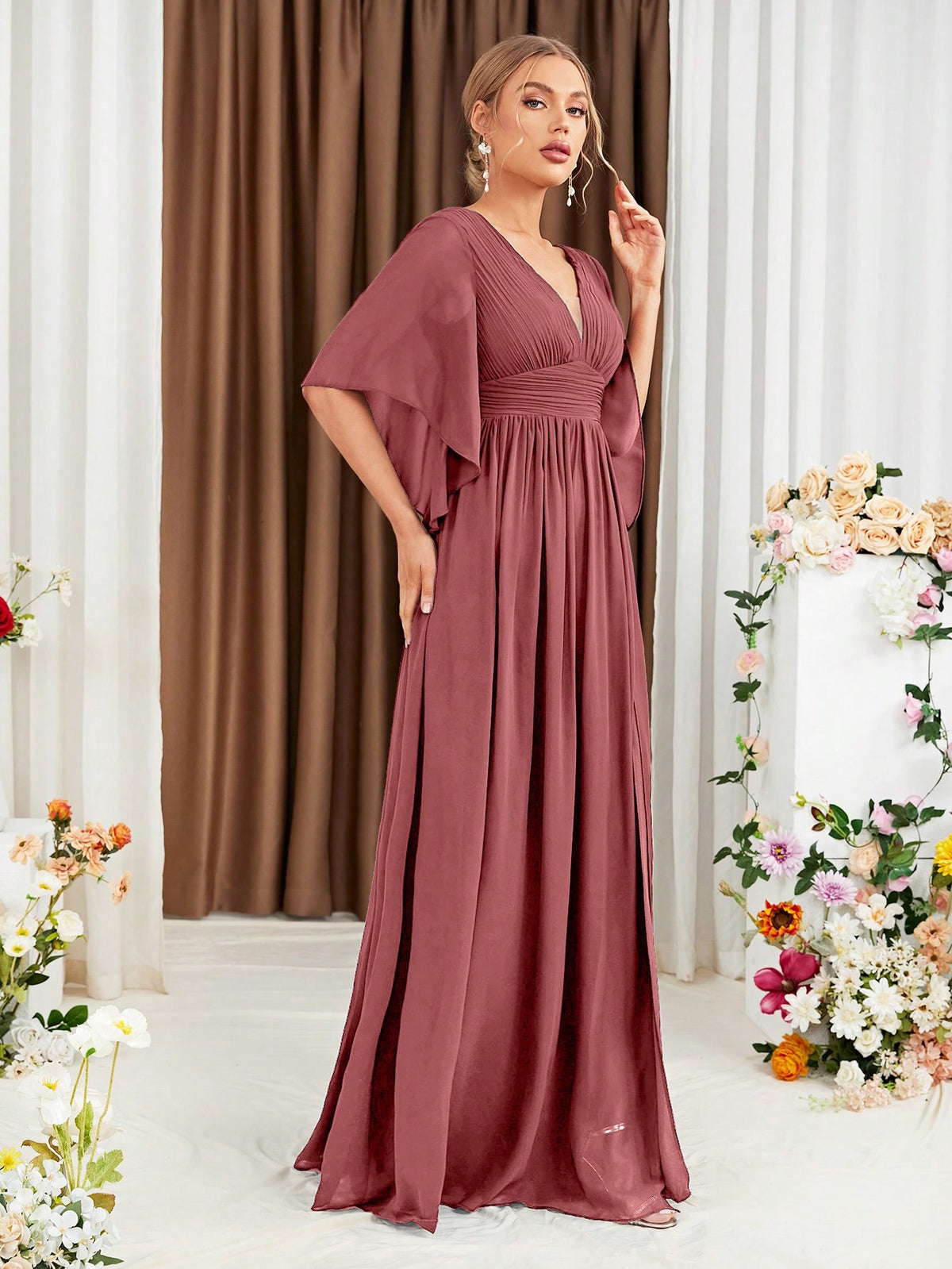 Plunging Neck Butterfly Sleeve Split Thigh Chiffon Bridesmaid Dress