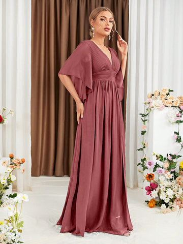 Plunging Neck Butterfly Sleeve Split Thigh Chiffon Bridesmaid Dress