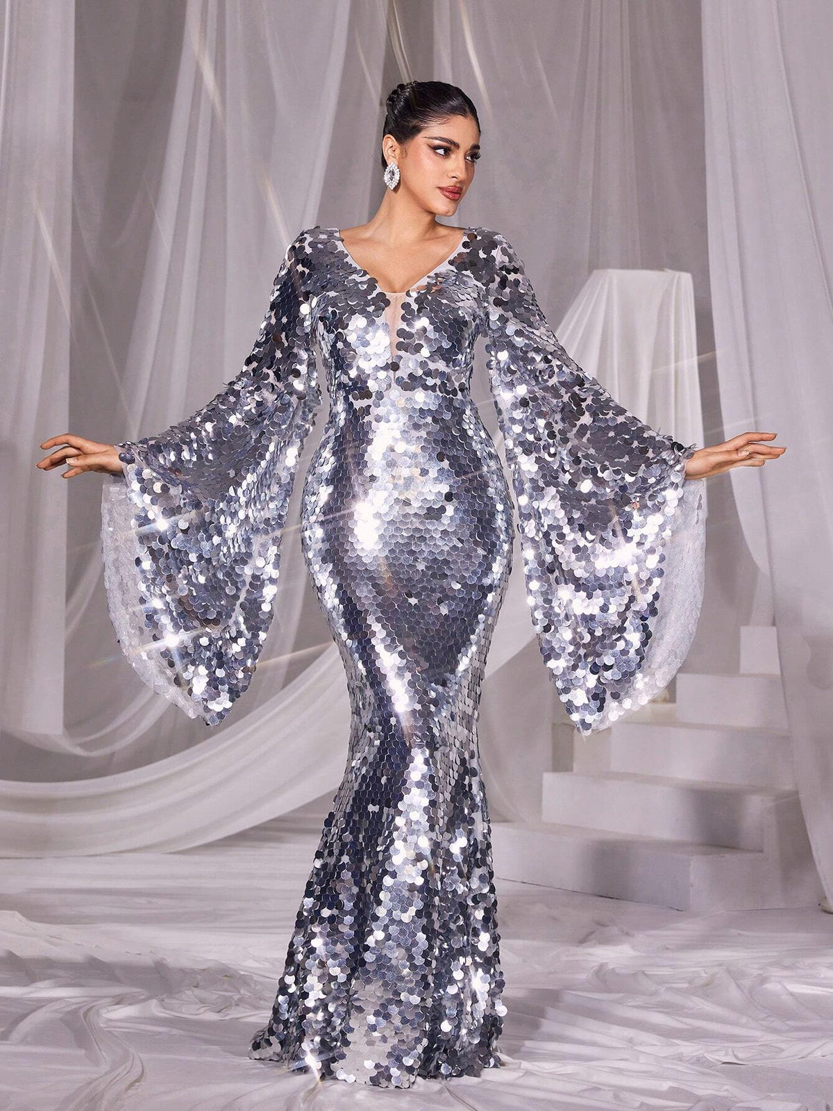 Plunging Neck Flared Sleeves Sequin Formal Dress
