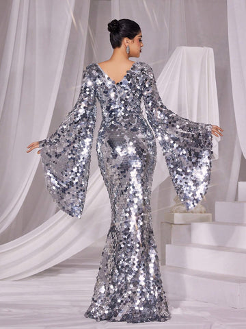 Plunging Neck Flared Sleeves Sequin Formal Dress