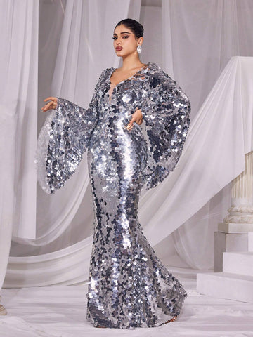 Plunging Neck Flared Sleeves Sequin Formal Dress