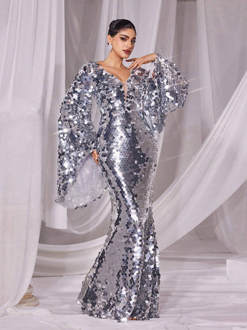 Plunging Neck Flared Sleeves Sequin Formal Dress