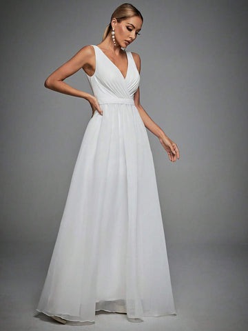 Plunging Neck Floor Length Wedding Dress