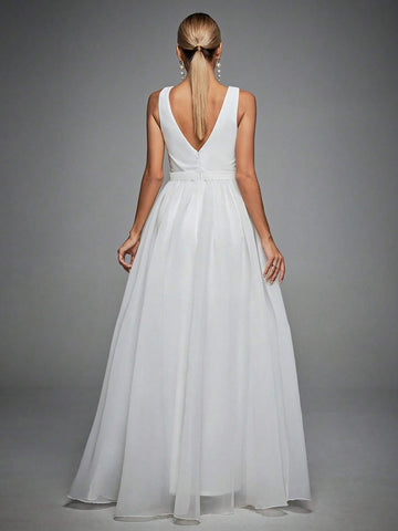 Plunging Neck Floor Length Wedding Dress