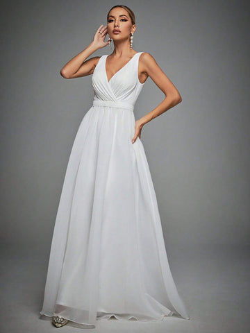 Plunging Neck Floor Length Wedding Dress
