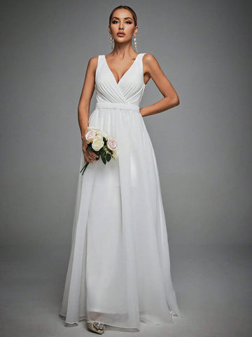 Plunging Neck Floor Length Wedding Dress