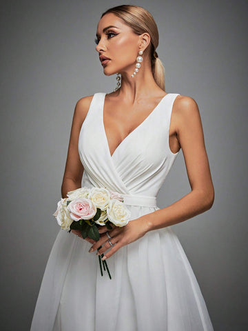 Plunging Neck Floor Length Wedding Dress