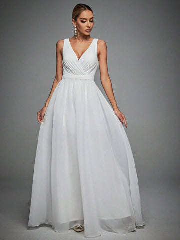 Plunging Neck Floor Length Wedding Dress