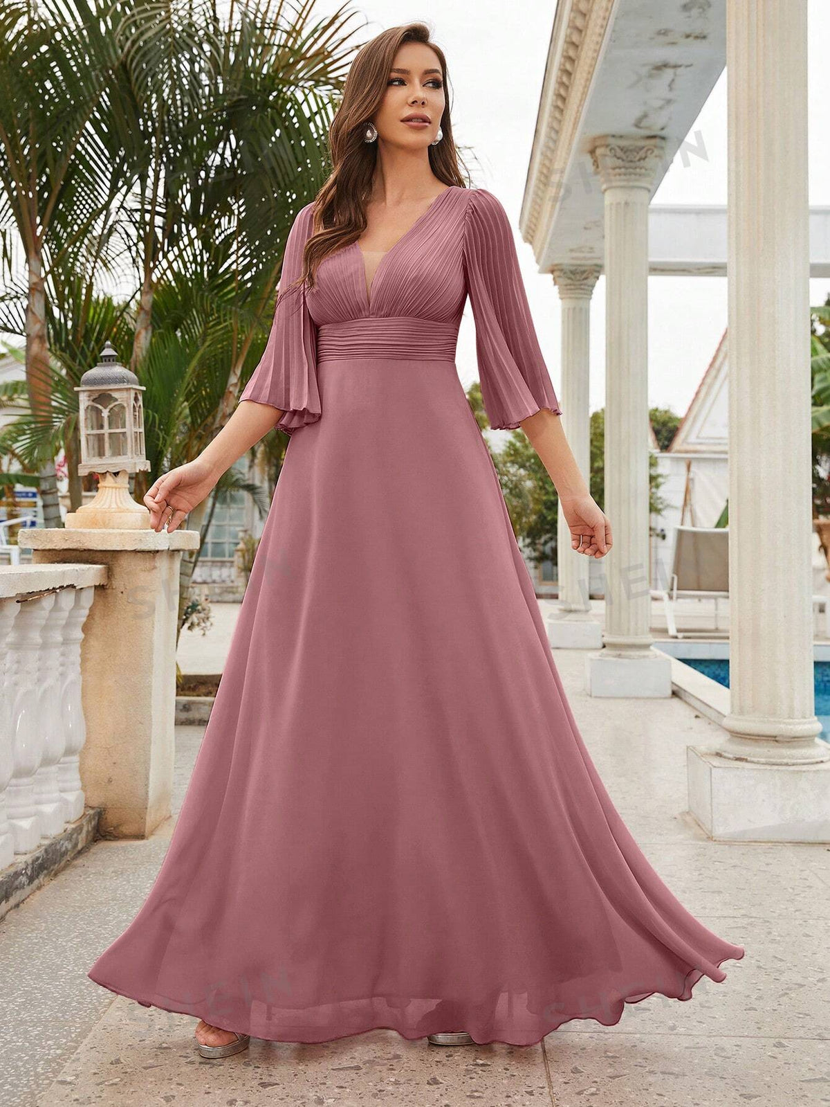 Plunging Neck Flounce Sleeve Chiffon Bridesmaid Dress