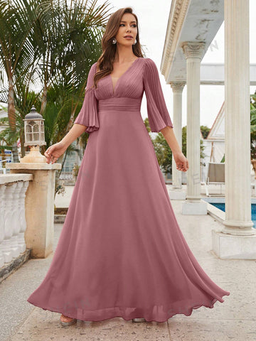 Plunging Neck Flounce Sleeve Chiffon Bridesmaid Dress
