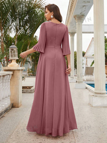 Plunging Neck Flounce Sleeve Chiffon Bridesmaid Dress