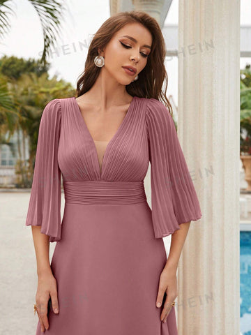 Plunging Neck Flounce Sleeve Chiffon Bridesmaid Dress
