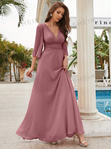 Plunging Neck Flounce Sleeve Chiffon Bridesmaid Dress