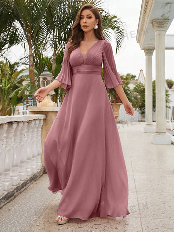Plunging Neck Flounce Sleeve Chiffon Bridesmaid Dress