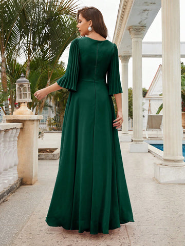 Plunging Neck Flounce Sleeve Maxi Bridesmaid Dress